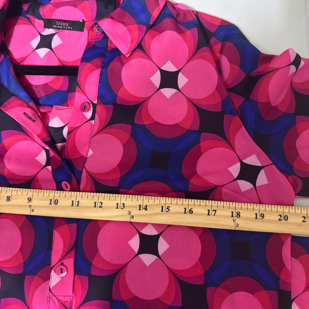 Trina Turk Pink Geometric Floral Tie Waist Shirt Dress M/L Retro 60s Resort - Picture 6 of 8